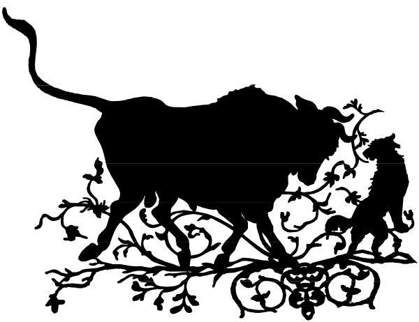 The black and white silhouette of a person with an animal on their head is shown against a dark background.