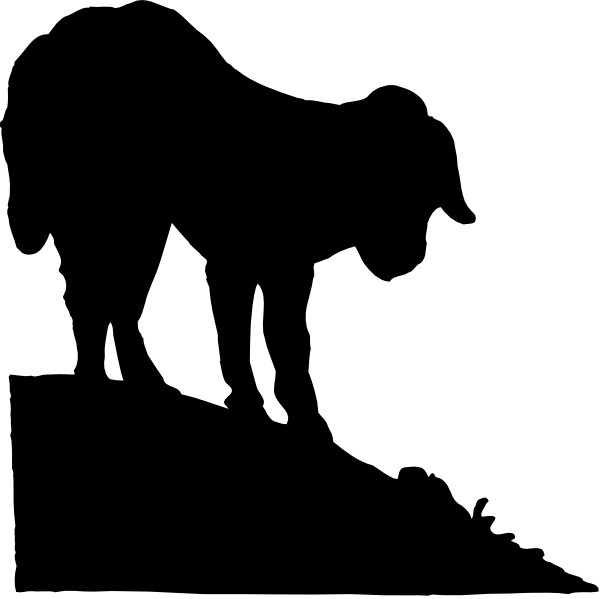 The black silhouette of a person standing next to an animal with two horns on its head against a dark background.