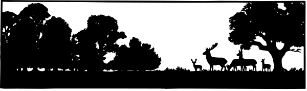 The black and white silhouette of a landscape with trees on either side and deer grazing between them at sunset.