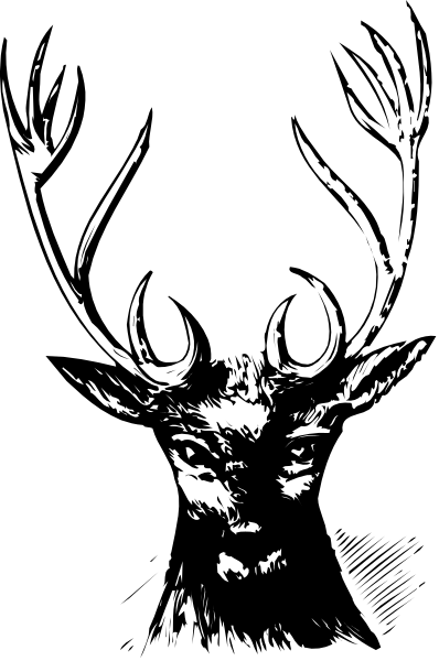 The black and white photo shows a close up of an animal's head with antlers against a dark background on the left side; it is split diagonally by another image that appears to be in color, showing what seems like a humanoid figure wearing armor or clothing adorned with deer motifs.