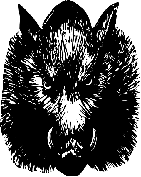 The black and white photo features a wolf's head with its mouth open as if it is howling at something off-camera.