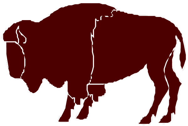 The image shows a black silhouette of an animal that resembles a bison standing next to another smaller figure which appears to be either a calf or lamb on its left side against a white background, with no additional context provided about setting or action taking place within this clip-art.