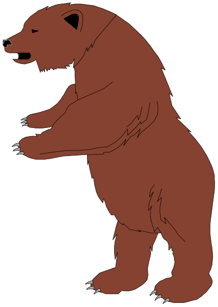 The image shows a cartoon of an animated brown bear standing upright on its hind legs with front paws raised as if waving at something in the distance.