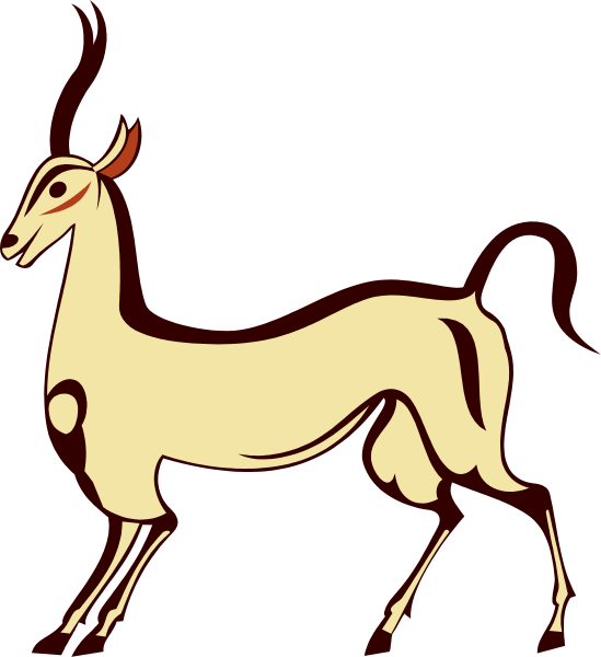 The image shows a stylized depiction of an antelope with long horns standing on two legs against a dark background.