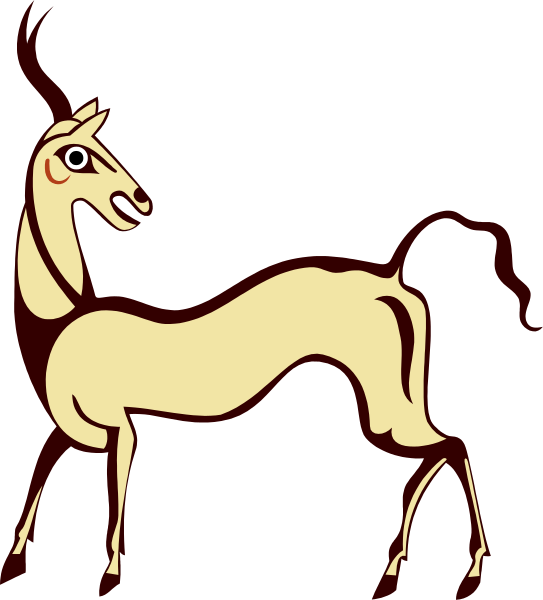 The image shows a stylized depiction of an antelope with long neck standing upright on two legs against a dark background.