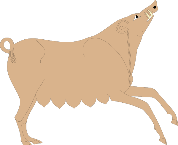 The black and white illustration shows a cow with horns running to its right next to another smaller animal that appears to be an ox pulling something behind it on what looks like a cartoon-style background.