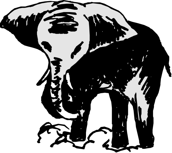 The black and white illustration shows an elephant with its trunk raised upwards towards a dark background.