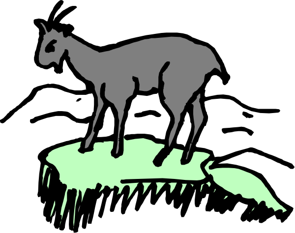 The black and white illustration shows a goat standing on top of what appears to be an island with grassy areas around it in front of a dark background.
