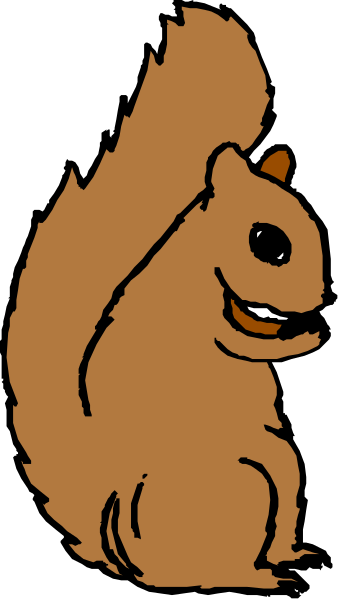 The image shows a cartoon squirrel peeking out from behind what appears to be an open book with its tail curled up around it in front of a dark background.