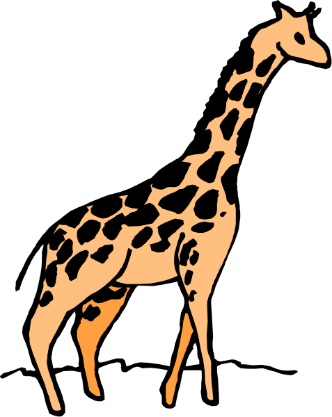 The image shows a cartoon of an orange giraffe standing next to its foal on black background with white outline.