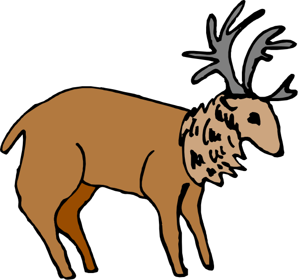 The black and white illustration shows a deer with antlers standing next to another animal that appears to be an elk wearing what looks like a bird's head on its back.