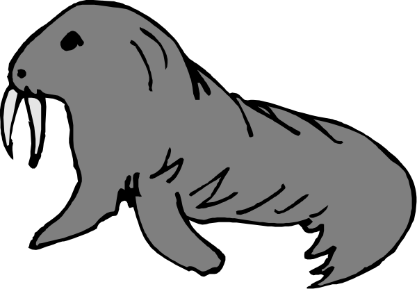 The black and white cartoon shows a seal with tusks swimming underwater near an iceberg.