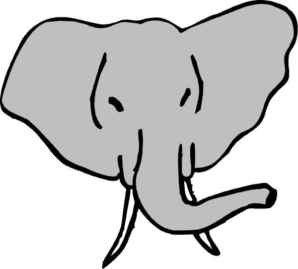 The black and white silhouette of an elephant's head with a trunk curled upwards is shown against a dark background in this clip-art image.