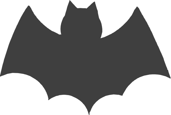 The black silhouette of a bat with wings spread out against a white background.