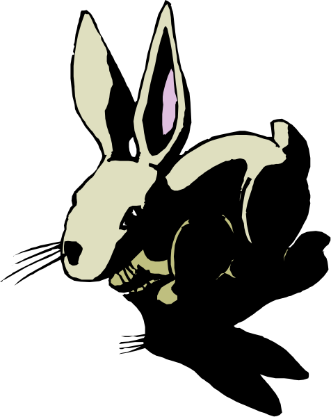 The image shows a cartoon rabbit with large ears sitting upright on its hind legs against a black background.