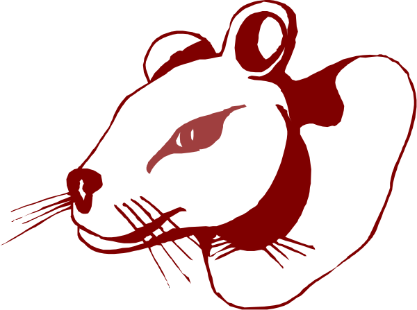 The image shows a cartoon rat with red eyes sitting on top of an object that resembles cheese wheels; it is stylized in black-and-white line drawing form against a dark background.