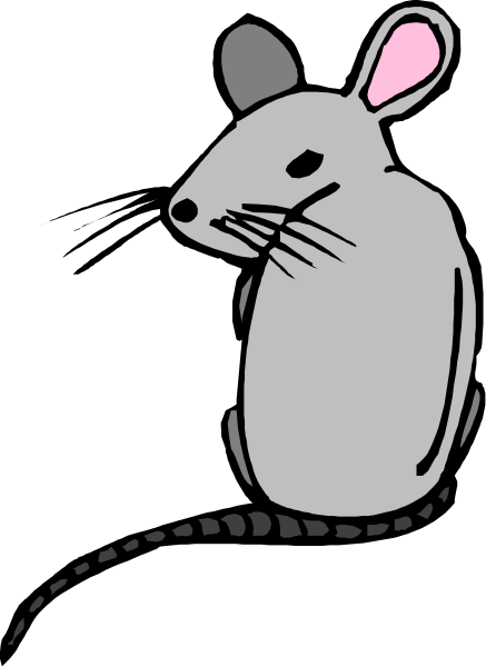 The black and white cartoon shows a gray mouse with its tail curled up next to it on what appears to be an abstract background that resembles a dark room.