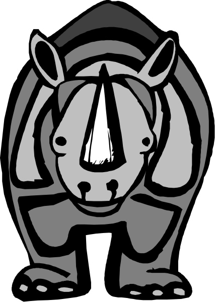 The black and white illustration features a cartoon rhino with large ears standing upright on two legs against an abstract background that resembles stripes in shades of gray and brown.