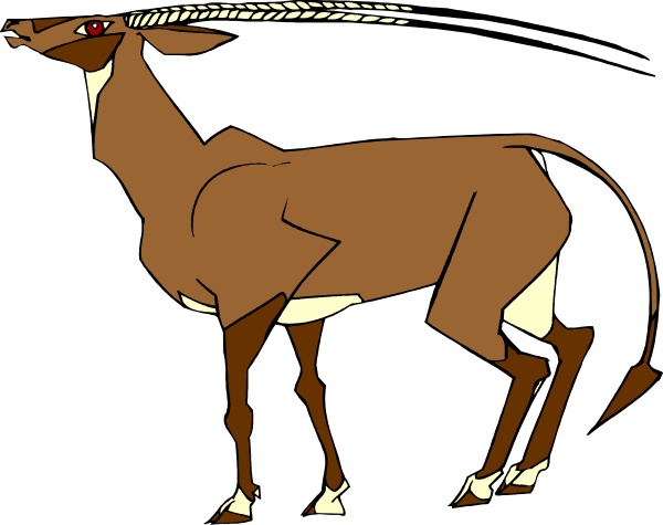 The image shows a cartoon of an antelope with long horns standing on two legs against a black background.