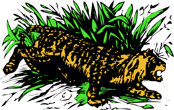 The image shows a cartoon depiction of an animal that resembles a tiger lying down on what appears to be grass with green foliage in front of it.