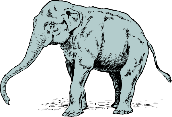 The black and white illustration shows an elephant with its trunk extended forward as if reaching for something on a dark background.