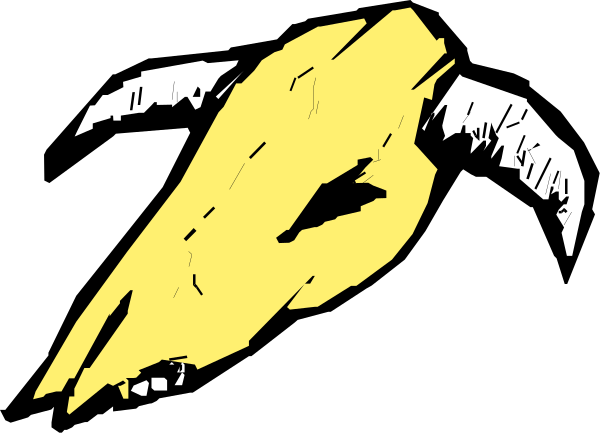 The black and white illustration shows a stylized skull with horns on top of it against an unadorned background.