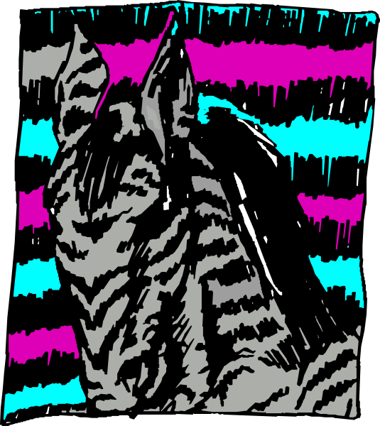 The black and white cat with purple stripes on its face sits inside a colorful room filled with rainbow-colored walls.