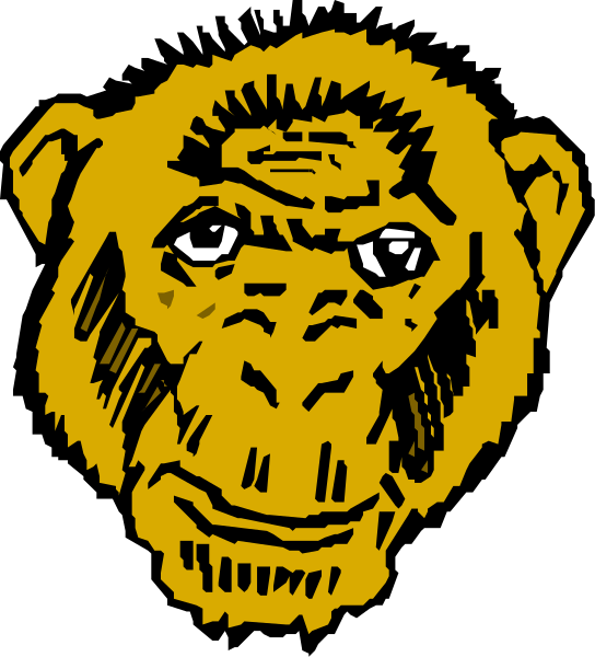 The image shows a black and white cartoon of an orange monkey with large eyes looking to its left side against a plain background.
