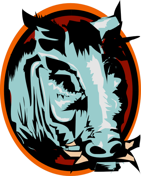 The image shows a stylized graphic of an animal with large eyes that resembles a pig's head inside what appears to be a circular emblem featuring red and blue stripes around its perimeter, set against a black background.