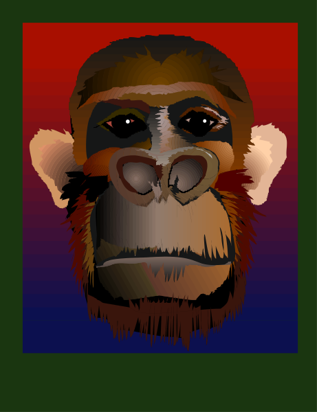 The image shows a cartoon monkey with human facial features against an abstract background that transitions from red to blue at the top of its head.