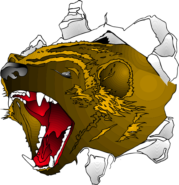 The image shows a split screen with two different illustrations of bear heads on either side; both bears have open mouths displaying sharp teeth but no tongues visible in their respective images.