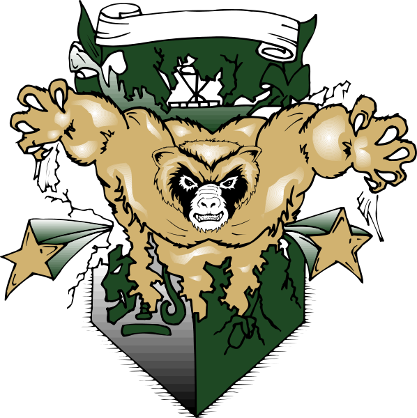 The image shows a graphic of an animal with its arms raised upwards as if it's flexing muscles inside what appears to be a shield-like emblem on top of another smaller crest that has stars and possibly other decorative elements, all set against black backgrounds in two different versions.