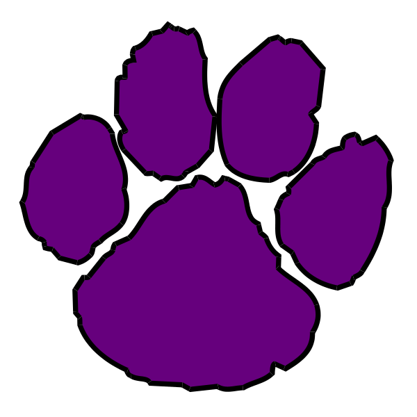 The image shows a purple paw print with five toes against a black background.
