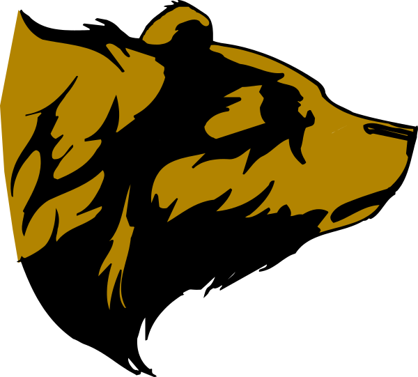 The black and white silhouette of a bear's head with its nose pointed upwards against an unseen background.