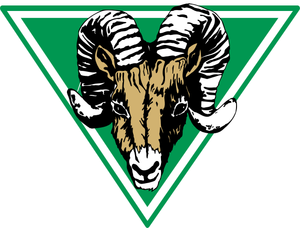 The logo features a stylized ram's head with curved horns on either side of its face within an emblem that resembles a shield shape outlined by two parallel lines forming a triangle at each end, set against a background consisting of alternating stripes in green and white colors.