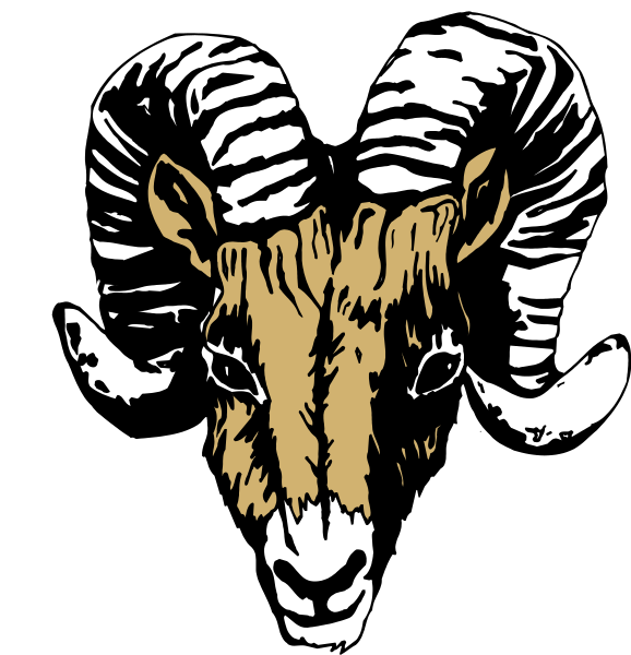 The image shows a black and white illustration of an animal that resembles a ram's head with curved horns on either side, positioned in front of what appears to be two ears standing upright like those of a goat.