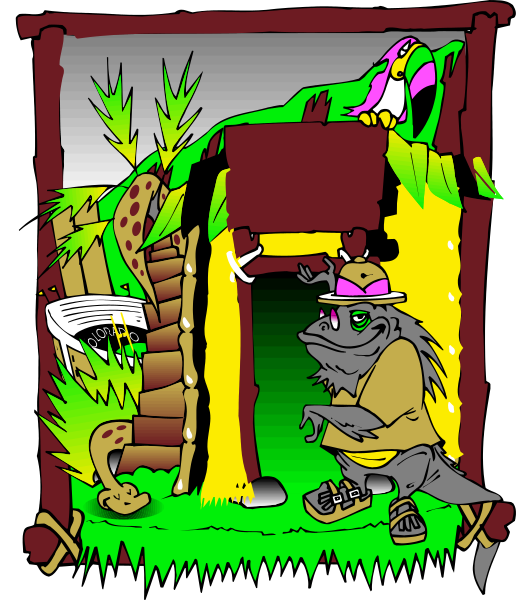 The illustration depicts a cartoon scene with an anthropomorphic animal character standing outside of what appears to be a small hut made from natural materials like wood logs and bamboo stalks. Inside the house, there is another creature that looks similar but smaller in size than its companion outdoors. Both characters are wearing clothing; one has on shorts while the other wears pants with suspenders attached at each shoulder. The background shows a lush green landscape under an overcast sky, and to their right stands a large bird perched high up among some foliage.