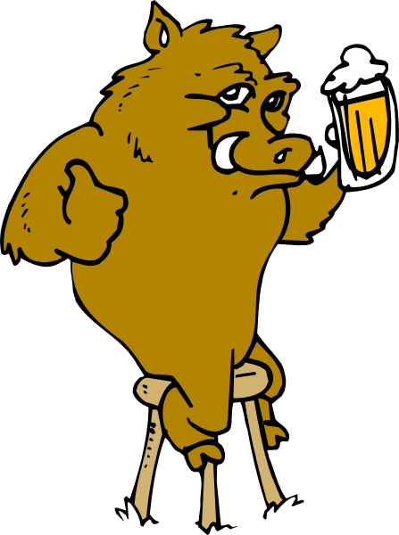 The cartoon features a brown pig character holding up two thumbs as if giving approval while sitting on stools at what appears to be an outdoor bar with beer in hand.