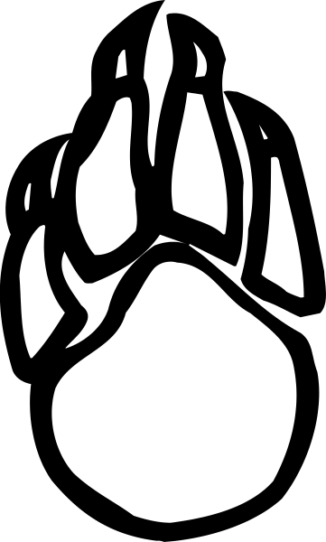 The image shows a black paw print on top of another white paw print with an animal's head peeking out from behind them in between two gray rectangles that resemble windows or frames.