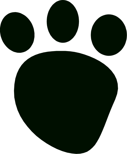 The image shows a paw print with an outline of a dog's head inside it against a black background on the left side; there is no text present in this clip-art image.