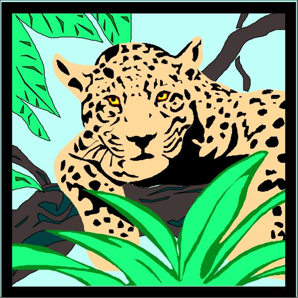 The image shows a cartoon depiction of an adult jaguar sitting on top of foliage with its head turned to one side in what appears to be a jungle environment.