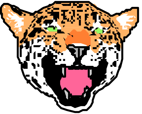The image shows a pixelated graphic of an orange tiger with its mouth open wide against a black background.