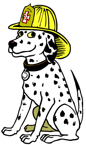The black and white illustration features a Dalmatian dog wearing firefighter gear with an axe on its collar standing next to a building labeled "FIRE STATION".