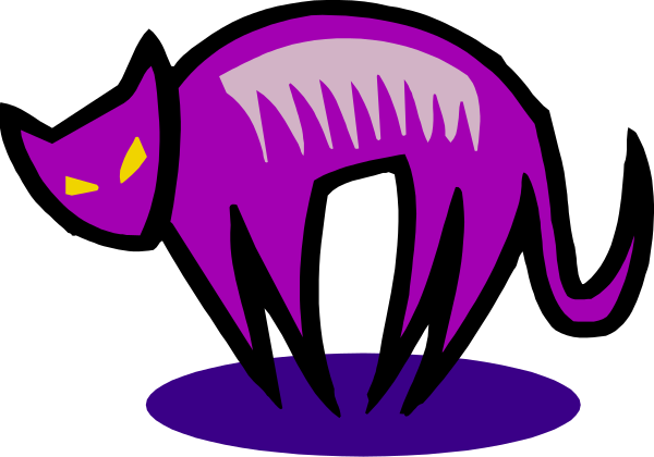 The image shows a purple cat standing on its hind legs with glowing eyes inside an oval frame that resembles a stylized puddle of water.