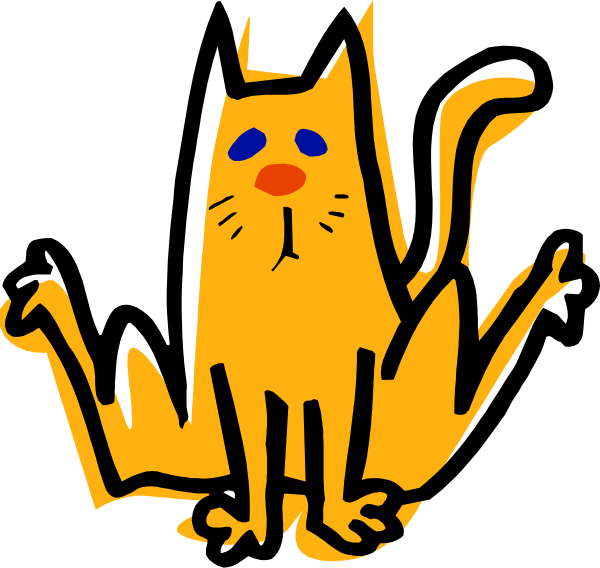 The image shows a cartoon of an orange cat with blue eyes sitting on its hind legs against a white background.