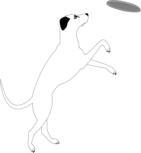 The image shows a black silhouette of an animal that appears to be running with its front legs extended forward as if in motion on one side against a white background; there is also another smaller figure resembling a dog's head and body, which seems like it might represent the same breed or type but at rest.