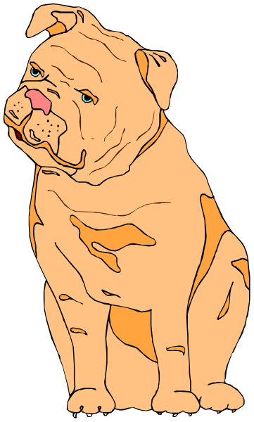 The image shows a cartoon of an orange dog with blue eyes sitting upright on its hind legs against a plain background.
