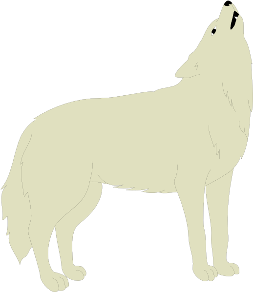 The black and white silhouette of a wolf standing on its hind legs with an expressive face looking upwards to the right side of the image.