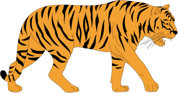 The image shows a stylized depiction of an orange tiger walking on all fours with its head turned to look back over one shoulder towards something off-frame in what appears to be a black background, resembling clipart artwork commonly used for digital graphics or decoration purposes.