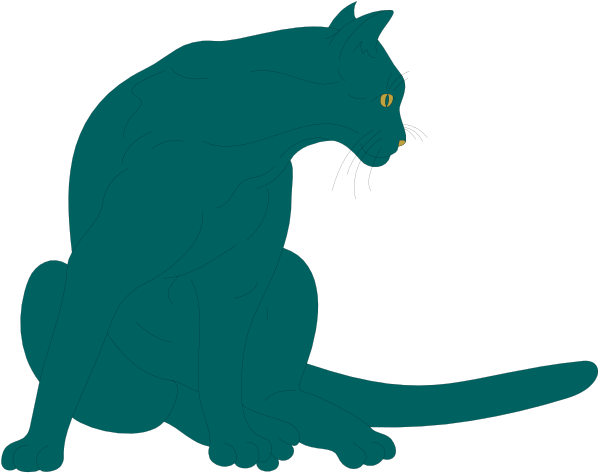 The image shows a cartoon of two cats: an adult cat sitting upright on its hind legs with stripes resembling those of a tiger, looking to one side; next to it is another smaller kitten lying down and also has similar markings but in shades that suggest the color blue.